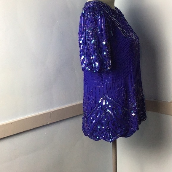 Vintage Laurence Kazar Blue Silk Sequined Scalloped Blouse size Large - Picture 5 of 8